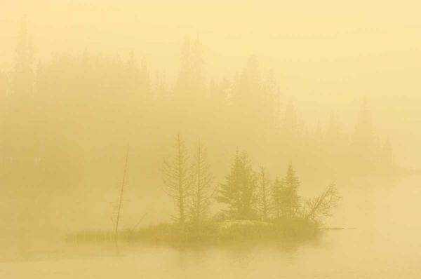Canada, Ontario Fog on lake with small island